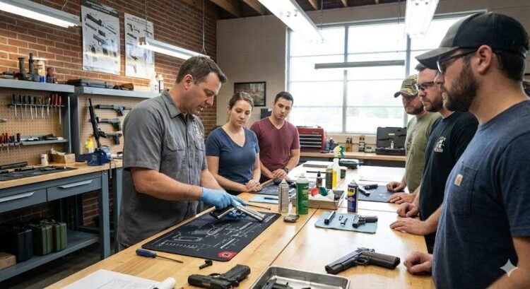 Beginner student learning handgun safety basics in San Diego class