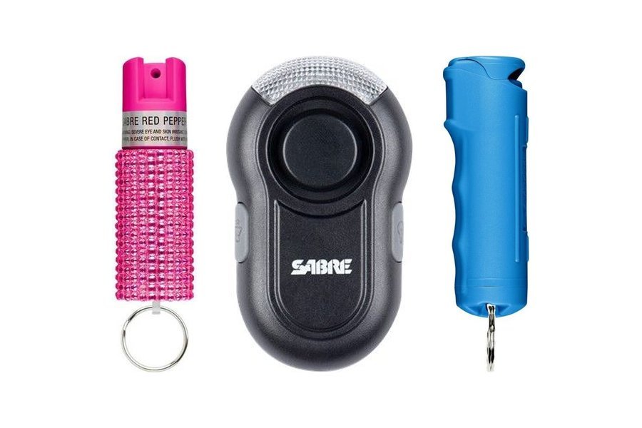 Campus and student safety: keychain pepper spray, clip-on personal alarm, and inert practice canister